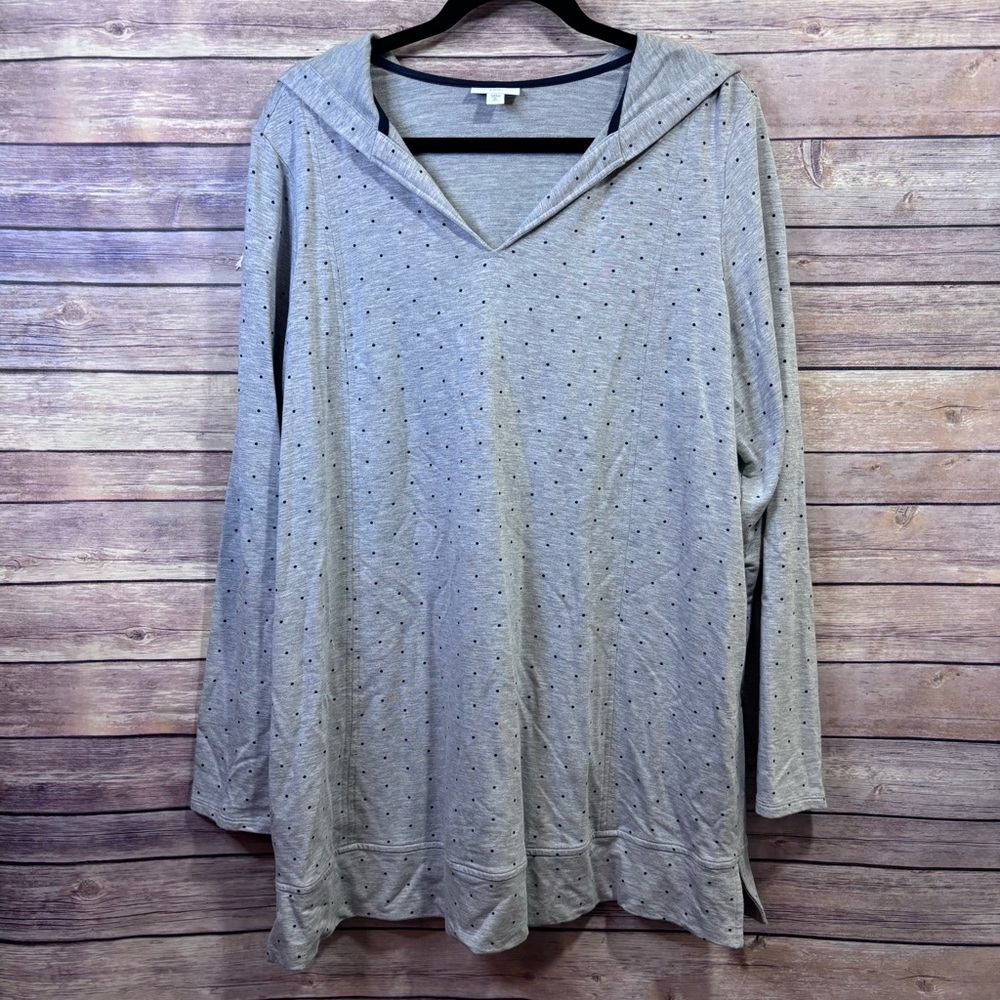 J JILL Fit LIGHT GRAY HEATHER Polka Dot Hooded TOP SHIRT XL Tall